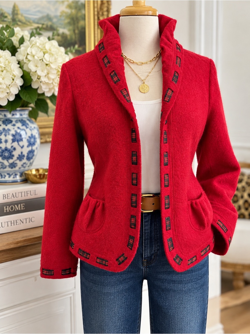 Vintage Coldwater Creek Red boiled Wool Blazer with Plaid Trim